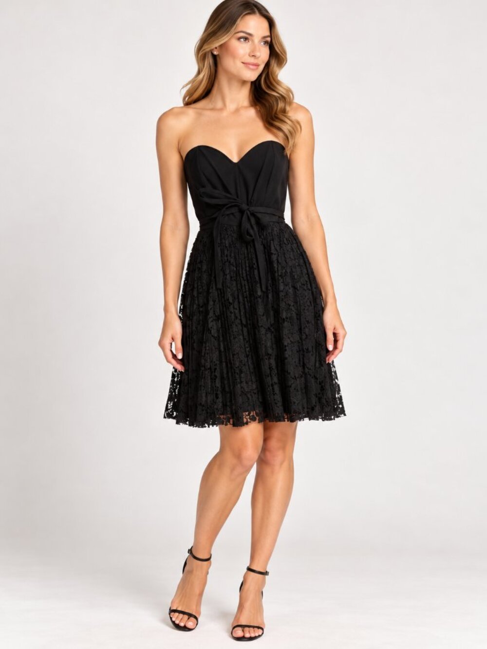 Valentino Black Strapless Sweetheart Lace Pleated A-Line Mini Dress Size 10